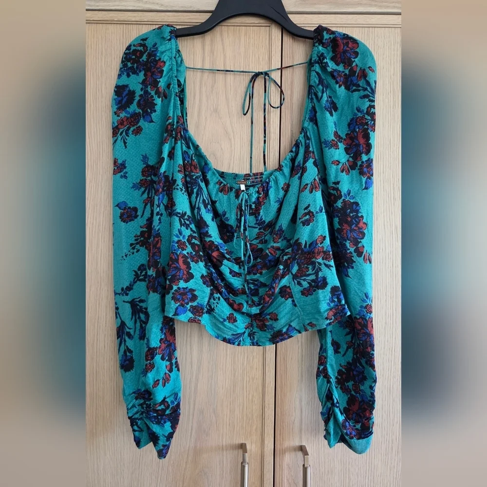 Free People Hilary Floral‎ Teal Long Sleeve Women's Top
